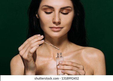 Attractive Naked Woman Holding Bottle Moisturizing Stock Photo