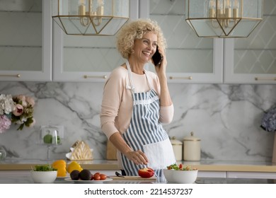 Attractive Older Single Woman Stand In Kitchen Talks On Smartphone Distracted From Healthy Vegetarian Dish Preparation, Enjoy Remote Conversation At Home. Modern Tech, Communication, Everyday Routine