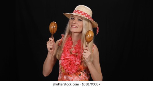 Attractive Percussionist Musician Woman Playing On Maracas Pairs, Exotic Female Performing Hawaiian Music