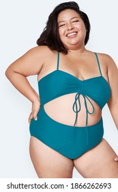 Attractive Plus Size Model Blue Swimsuit Mockup