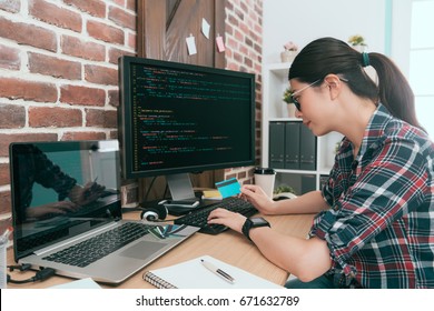 Attractive Pretty Business Computer Engineer Using Coding Data Developing Protecting Credit Card Personal Information System.