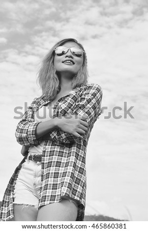 Similar – Happy young woman looking through the window car