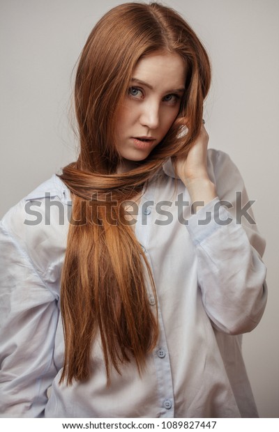 Attractive Redhaired Woman Tying Thick Ginger Stock Photo Edit