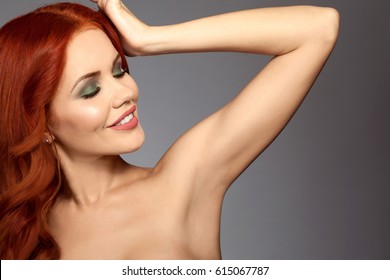 Attractive Redhead Girl With Clean Smooth Skin Underarm. Beautiful Smiling Woman, Arm Hair Removal, Epilation In Salon, Laser Depilation Everywhere