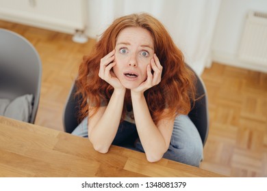 Attractive redhead woman with a look of utter dismay staring wide eyed at the camera as she sits at a table in a high angle view - Shutterstock ID 1348081379
