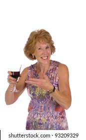 Attractive Senior Woman Drinking Wine On A White Background