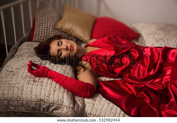 Attractive Sensual Brunette Red Dress Lying Stock Photo Edit Now