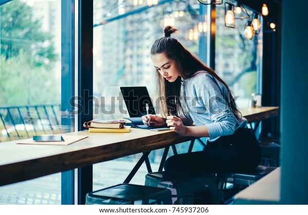 Attractive Skilled Copywriter Recording Some Information Stock Photo ...