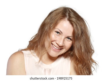 Attractive Smiling Plus Size Woman Closeup Portrait No Make Up On Face