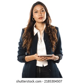 Attractive South East Asian Female Student With Her Portable Device On White Background