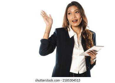 Attractive South East Asian Female Student With Her Portable Device On White Background