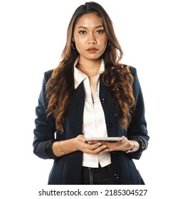 Attractive South East Asian Female Student With Her Portable Device On White Background