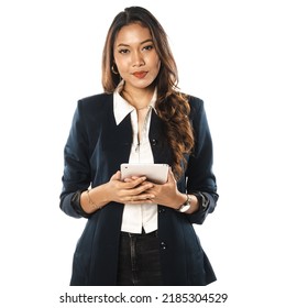 Attractive South East Asian Female Student With Her Portable Device On White Background