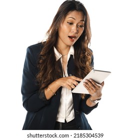 Attractive South East Asian Female Student With Her Portable Device On White Background