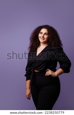 Similar – Image, Stock Photo Long-haired curly woman plus size in a wreath of red poppies stands among a field of meadow flowers and covers her face with a bouquet of poppies