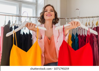 Attractive Stylish Smiling Woman Choosing Apparel In Clothing Store, Elegant Style, Spring Summer Fashion Trend, Colorful Dresses, Shopaholic, Fashionista, Happy, Exited, Deversity