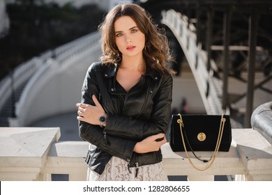 Attractive Stylish Woman Posing In Street In Fashionable Outfit With Suede Handbag Wearing Black Leather Jacket, Spring Autumn Style