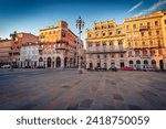 Attractive summer cityscape of Trieste, Italy, Europe. Splendid morning view of Piazza del Ponte rosso Town square. Traveling concept background.