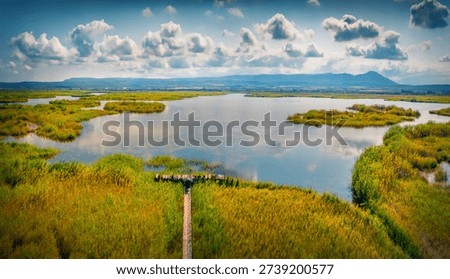 Attractive summer view from flying drone of Riserva Naturale Statale Lago di Lesina (Sacca Orientale) - nature preserve with old wooden pier. Superb morning scene of Italy, Europe.