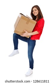 Attractive teenage girl carrying moving box. All on white background.