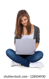 Attractive Teenage Girl Using Laptop. All On White Background.