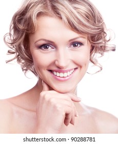 Attractive Thirty Year Old  Woman With Curly Hair, Isolated Against White Background