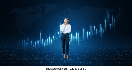Attractive thoughtful caucasian businesswoman with growing business chart on blurry background. Business strategy development, financial growth and success plan - Powered by Shutterstock