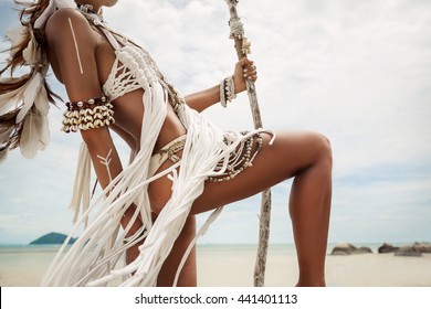 Attractive Wild Boho Woman At Beach