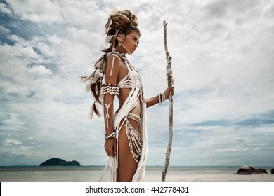 Attractive Wild Boho Woman At Beach