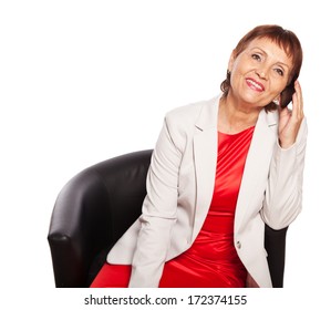 Attractive Woman 50 Years Old With A Mobile Phone Isolated On White Background