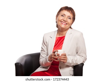 Attractive Woman 50 Years Old With White Cup Isolated On White Background