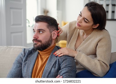 Attractive Woman Apologizing To Frustrated Man After Quarrel, Doubting Boyfriend Ignore, Girlfriend Feeling Guilty, Asking Forgive Her, Begging Pardon, Admits Mistake, Regret, Couple Having Problem