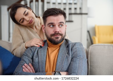 Attractive Woman Apologizing To Frustrated Man After Quarrel, Doubting Boyfriend Ignore, Girlfriend Feeling Guilty, Asking Forgive Her, Begging Pardon, Admits Mistake, Regret, Couple Having Problem