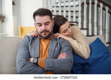 Attractive Woman Apologizing To Frustrated Man After Quarrel, Doubting Boyfriend Ignore, Girlfriend Feeling Guilty, Asking Forgive Her, Begging Pardon, Admits Mistake, Regret, Couple Having Problem