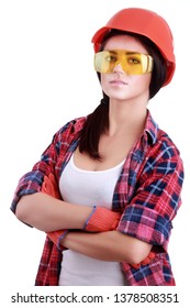 Attractive Woman Builder In Orange Helmet And Protective Glasses With Folder In Hand Writing On White Background. Pretty Engineer In Shirt Writing With Ballpoint Pen On Black Folder