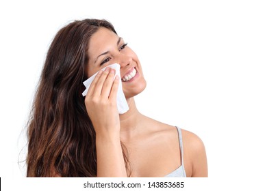 Attractive Woman Cleaning Her Face With A Face Wipe Isolated On A White Background