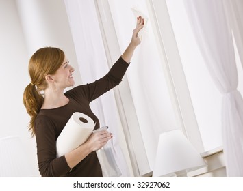 Attractive Woman Cleaning Window Holding Paper Towel. Horizontal