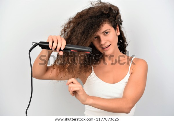 Attractive Woman Curly Hair Long Straight Stock Photo Edit Now