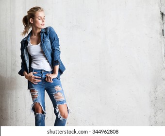 Attractive Woman In Jeans With Blond Hair