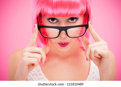 Attractive Woman Peeking Over Glasses