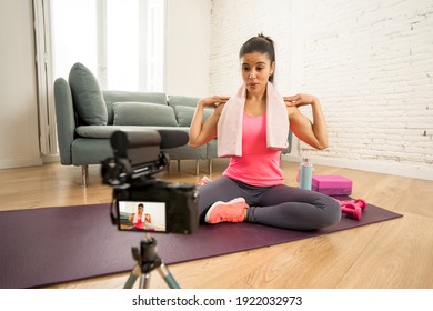 Attractive Woman Personal Coach Recording On Camera For Online Fitness Health And Wellness Business. Freelance Filming Online Training Program With Virtual Workout And Exercises For Social Media.