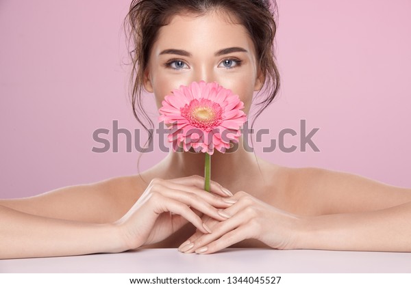 Attractive Woman Pink Flower Naked Shoulders Stock Photo Shutterstock