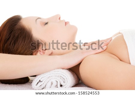 Similar – Young blond woman receiving a head massage