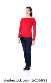 Attractive Woman Standing Id Red Tshirt. Isolated On White. 