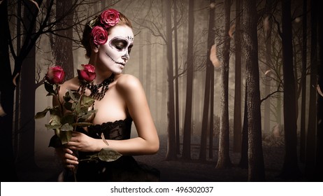 attractive woman with sugar skull make-up