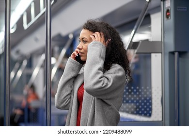 Attractive Woman Taking A Selfie On The Escalator Steps In The Subway .