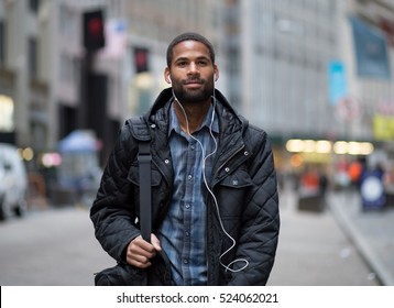 Attractive Young African American Man Walking To Work, Photographed In NYC In November