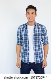 Attractive young asian man with blue Casual Shirt look confident and handsome.