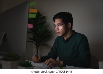 Attractive young asian man sitting on desk table looking at laptop computer in dark late night working feeling serious thinking and determinated at home office in work hard or work load job concept. - Powered by Shutterstock
