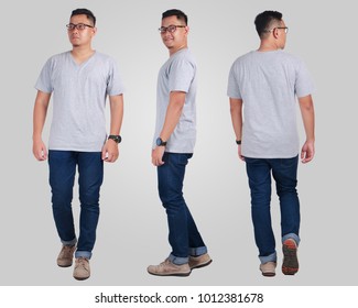 Attractive Young Asian Man Standing Posing Wearing Plain Grey Shirt, Blank T-shirt Mock Up For  Printing, Front Back Side View